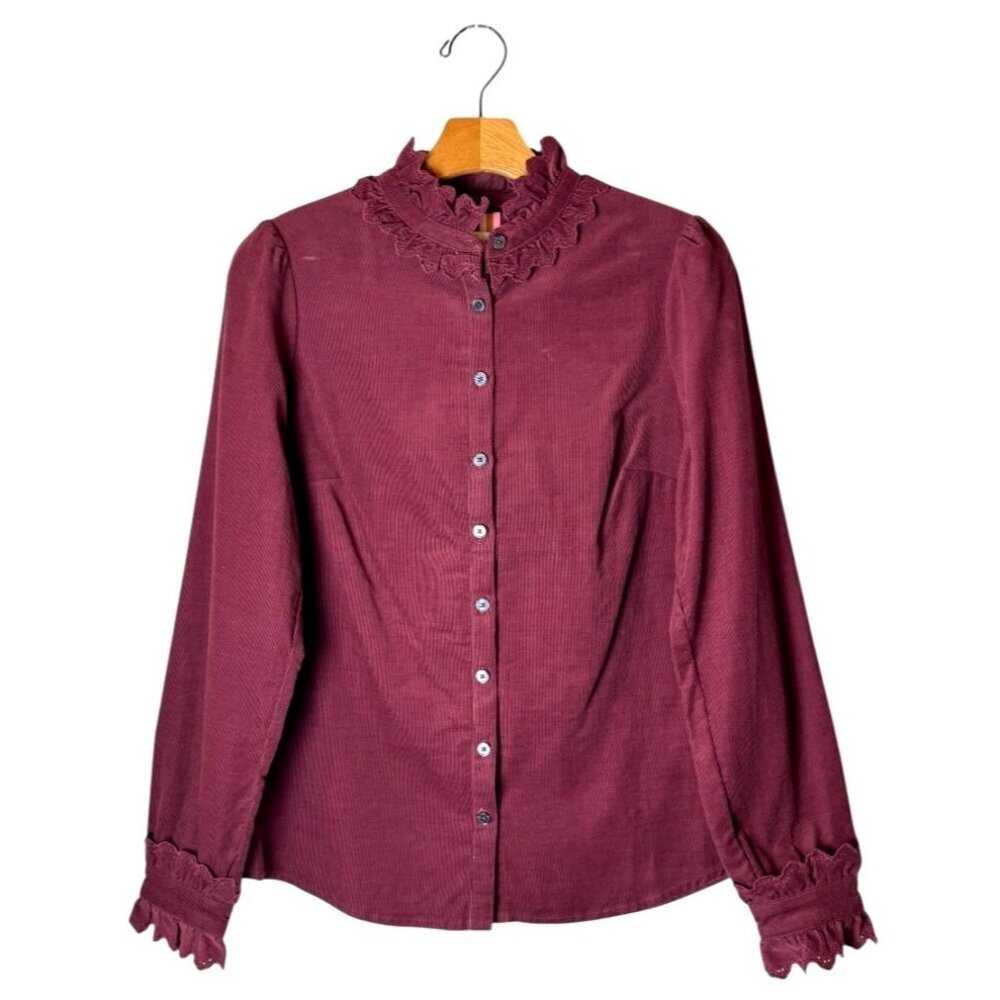 Boden Shirt Women 6 Burgundy Lace Neck Corduroy Button Down NWT Preppy‎ Career